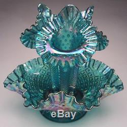 Fenton Art Glass Diamond Lace Three Horn Epergne Teal Marigold made 1989