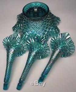 Fenton Art Glass Diamond Lace Three Horn Epergne Teal Marigold made 1989