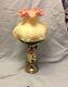 Fenton Art Glass Elec Lamp WithBurmese Shade Hand Painted Roses by Trudy Berdine
