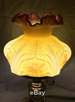 Fenton Art Glass Elec Lamp WithBurmese Shade Hand Painted Roses by Trudy Berdine