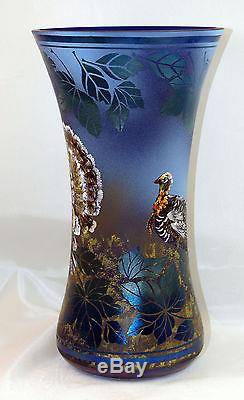 Fenton Art Glass Favrene SandCarved Vase, Handpainted Turkeys