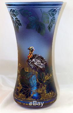 Fenton Art Glass Favrene SandCarved Vase, Handpainted Turkeys