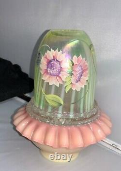 Fenton Art Glass HP Sun Flower Burmese Topaz Opalescent Fairy Light Lamp 7610TC