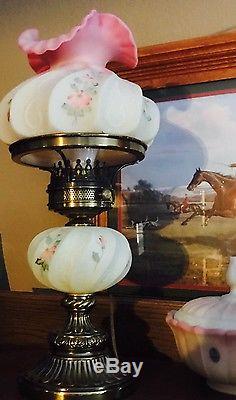 Fenton Art Glass Hand Painted Burmese Student Desk Lamp Beautiful Condition