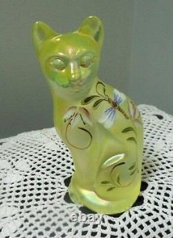 Fenton Art Glass Hand Painted Stylized Cat 2001 Topaz Opalescent Lily Trail Line
