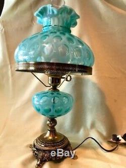 Fenton Art Glass Historic Green Opalescent Coin Dot Lamp with glass prisms