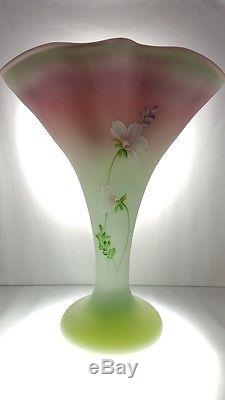 Fenton Art Glass Lotus Mist Burmese Fan Vase Hand Painted & Signed NIB