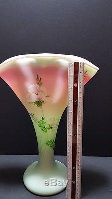 Fenton Art Glass Lotus Mist Burmese Fan Vase Hand Painted & Signed NIB