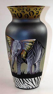 Fenton Art Glass OOAK 13.75 Black Satin Sylized Animals Design Vase