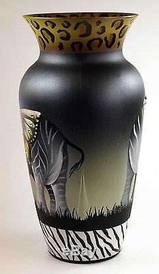 Fenton Art Glass OOAK 13.75 Black Satin Sylized Animals Design Vase