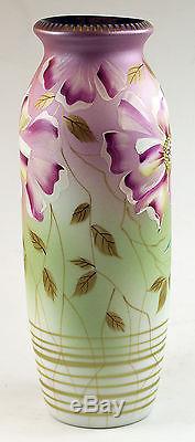 Fenton Art Glass OOAK Aubergine Cased withMilk Glass Handpainted Vase, Signed