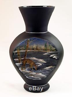 Fenton Art Glass OOAK Black Satin Handpainted Deer Scene Vase