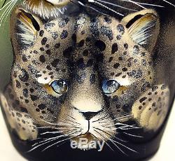 Fenton Art Glass OOAK Black Vase Leopardess & Cub