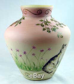 Fenton Art Glass OOAK Burmese Glass Vase with Handpainted Cats and Bluebirds