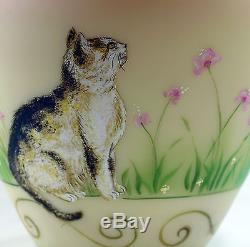 Fenton Art Glass OOAK Burmese Glass Vase with Handpainted Cats and Bluebirds