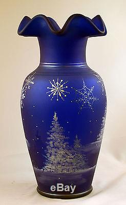 Fenton Art Glass OOAK Cobalt Satin Snowflakes Design Vase