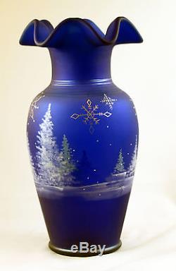 Fenton Art Glass OOAK Cobalt Satin Snowflakes Design Vase
