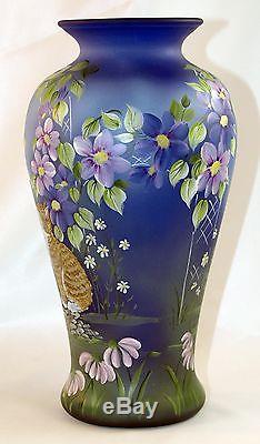 Fenton Art Glass OOAK Cobalt Satin Vase with Handpainted Kittens
