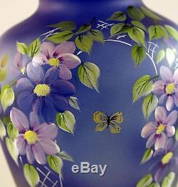 Fenton Art Glass OOAK Cobalt Satin Vase with Handpainted Kittens