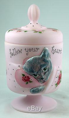 Fenton Art Glass OOAK Crown Tuscan Glass Chessie Cat Candy Box Plus Wood Chill