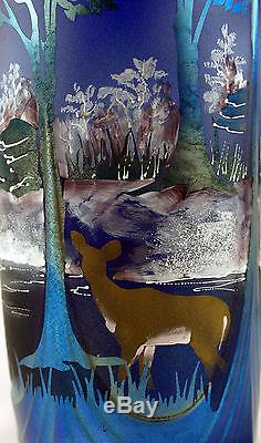 Fenton Art Glass OOAK Favrene Sandcarved/Painted Deer/Hunter Scene on Vase