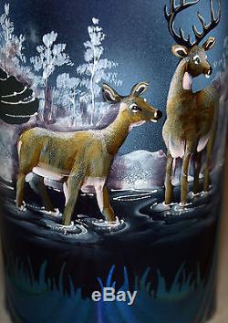 Fenton Art Glass OOAK Favrene Sandcarved/Painted Deer/Hunter Scene on Vase
