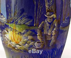 Fenton Art Glass OOAK Favrene Vase Sandcarved, Handpainted Cowboy Campfire