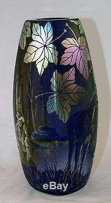 Fenton Art Glass OOAK Favrene Vase Sandcarved, Handpainted Cowboy Campfire