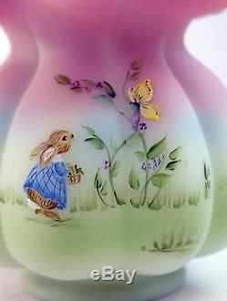 Fenton Art Glass OOAK Handpainted Bunny Scene on Lotus Mist Burmese Basket