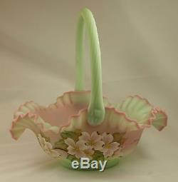 Fenton Art Glass OOAK Lotus Mist Burmese Handpainted Basket