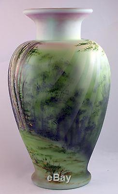 Fenton Art Glass OOAK Lotus Mist Burmese Vase with Black Bear Scene