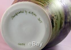 Fenton Art Glass OOAK Lotus Mist Burmese Vase with Black Bear Scene