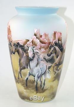 Fenton Art Glass OOAK Opal Satin Wild Horses Vase