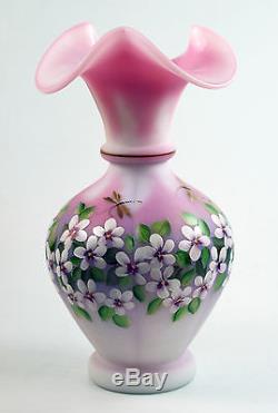 Fenton Art Glass OOAK Rosalene Melon Vase Dragonflies & Floral Design