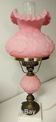 Fenton Art Glass Pink Satin EMBOSSED POPPY Student Desk Lamp with Marble Base
