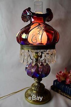 Fenton Art Glass Purple Amethyst Carnival Glass Student Electric Table Lamp