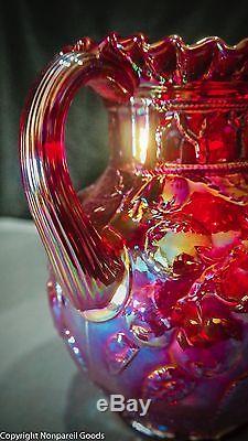 Fenton Art Glass Red Carnival Apple Tree Pitcher & Tumbler Set w Original Labels