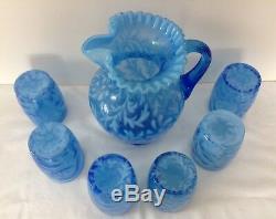 Fenton Art Glass Sapphire Blue Opalescent Fern & Daisy Pitcher & 6 Tumblers