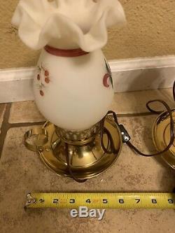Fenton Art Glass Small Christmas Poinsettia Student Lamp Set Of 2 Signed