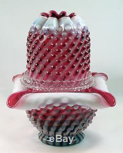 Fenton Art Glass Three Piece Fairy Light in Cranberry Opalescent Hobnail