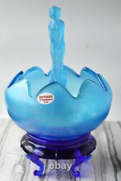 Fenton Blue Carnival Glass September Morn Nymph Figural and Flower Frog Bowl