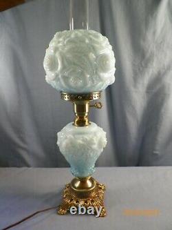 Fenton Blue Cased Glass Embossed Roses Electric Table Lamp