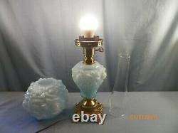 Fenton Blue Cased Glass Embossed Roses Electric Table Lamp