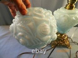 Fenton Blue Cased Glass Embossed Roses Electric Table Lamp