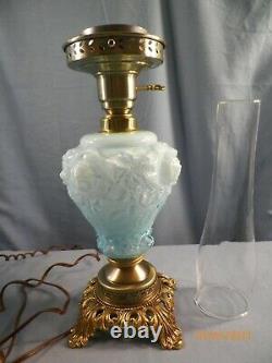 Fenton Blue Cased Glass Embossed Roses Electric Table Lamp