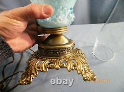 Fenton Blue Cased Glass Embossed Roses Electric Table Lamp