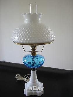 Fenton Blue Glass Milk Glass Hobnail Shade and Milk Glass Bottom Table Lamp