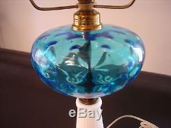Fenton Blue Glass Milk Glass Hobnail Shade and Milk Glass Bottom Table Lamp
