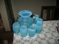 Fenton Blue Hobnail Opalescent 80 Ounce Pitcher and Six Tumblers