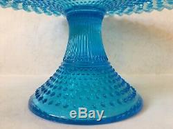 Fenton Blue Hobnail Opalescent Pedestal Cake Plate Stand Ruffled Edge, Excellent